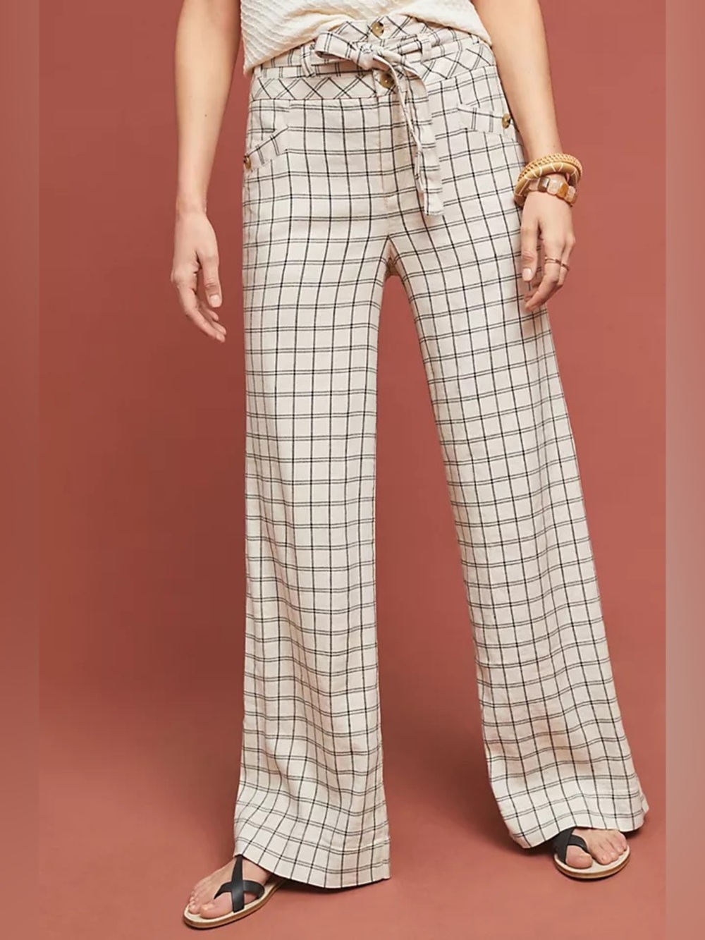 By Anthropologie Linen Blend Windowpane Plaid Belted Wide Leg Trousers Size 4